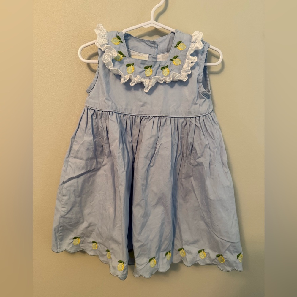 The Oaks Blue Sleeveless Kids Dress with Lemon Embroidery